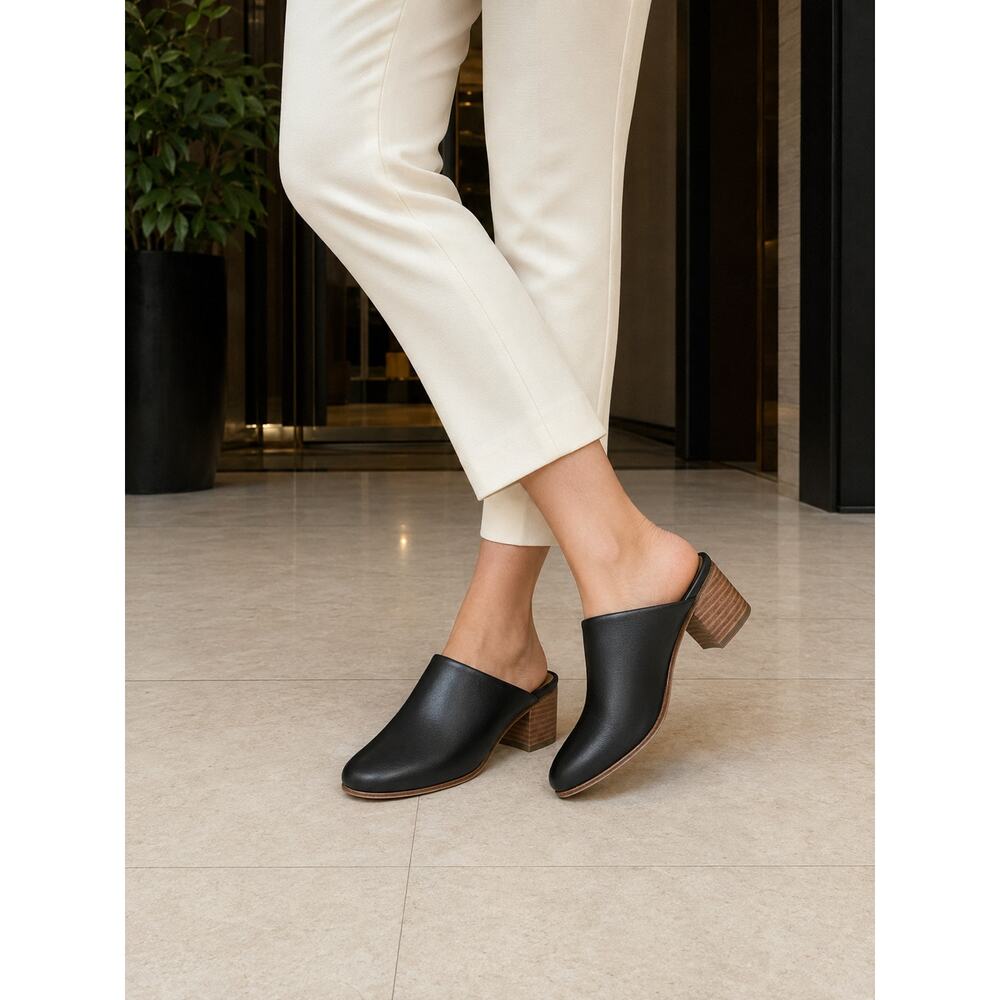 Nisolo All-Day Heeled Mule Black Leather Slip-On Block Heel Mule - Size 5 - NEW